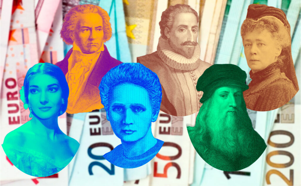 Billetes de euro, Banco Central Europeo, Rediseño, Cultura europea, Ríos y aves, Miguel de Cervantes, Beethoven, Marie Curie, Leonardo da Vinci, Seguridad bancaria, Medio ambiente, Unión Europea