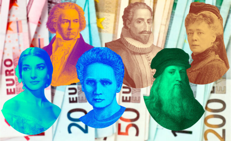 Billetes de euro, Banco Central Europeo, Rediseño, Cultura europea, Ríos y aves, Miguel de Cervantes, Beethoven, Marie Curie, Leonardo da Vinci, Seguridad bancaria, Medio ambiente, Unión Europea