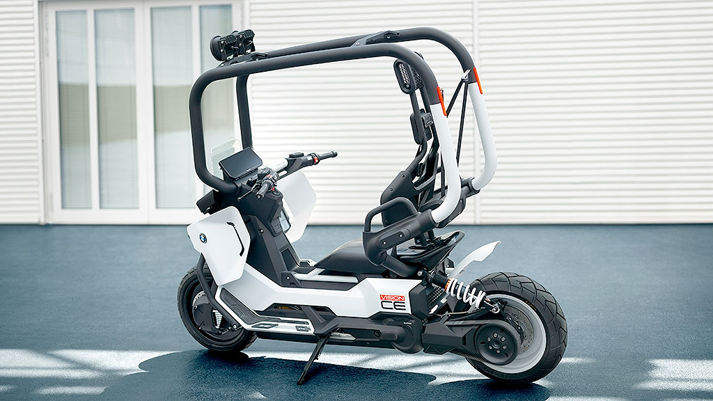 BMW, Vision CE, IAA Mobility 2025, Movilidad urbana eléctrica, scooter eléctrico BMW, moto sin casco, BMW C1 2025, BMW Motorrad, IAA Mobility 2025, jaula de seguridad moto, autoequilibrio scooter, movilidad urbana eléctrica, scooter premium Alemania
