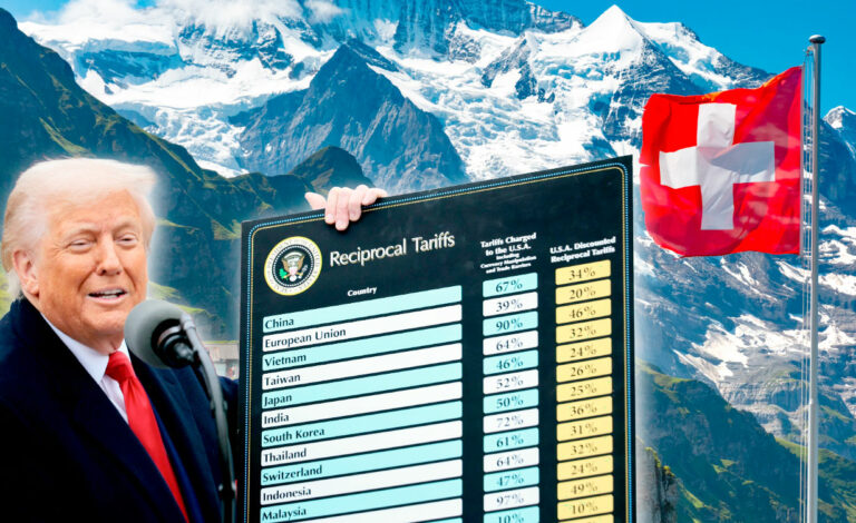 Donald Trump, Exportaciones suizas, Aranceles Estados Unidos, impacto económico Suiza Estados Unidos, relojes suizos exportaciones, chocolate suizo aranceles, farmacéuticas suizas Estados Unidos, Karin Keller-Sutter, Federación Relojera Suiza, Roger Wehrli Chocosuisse, Roche Novartis Suiza, economía suiza 2025, Banco Nacional Suizo, proteccionismo Trump, relaciones comerciales Suiza EE. UU., caída de exportaciones suizas, crisis del comercio internacional