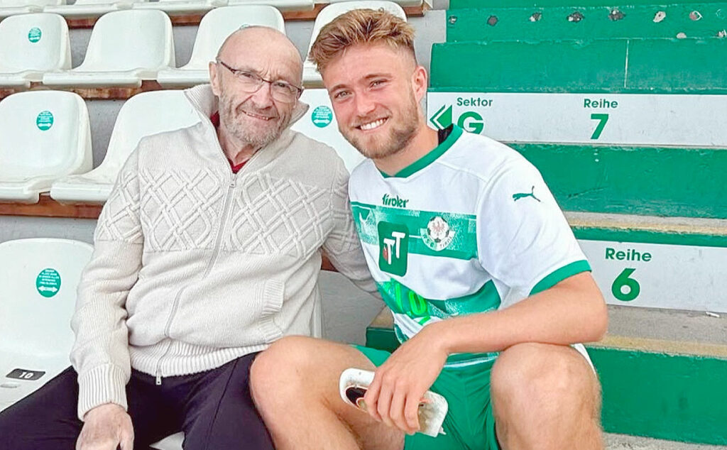 Mathew Collins, Phil Collins, Austria Salzburgo, segunda división, Phil Collins hijo Austria, Hannover 96 juveniles, WSG Tirol fútbol, Orianne Cevey hijo futbolista, fútbol austriaco 2026, Phil Collins familia, Genesis hijo futbolista