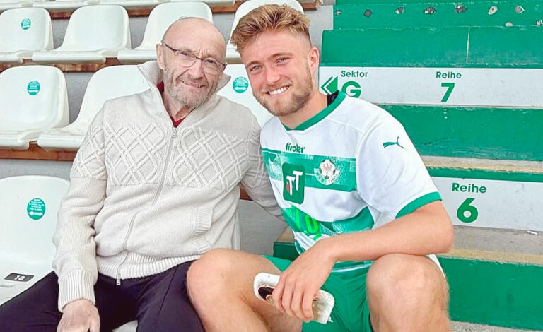 Mathew Collins, Phil Collins, Austria Salzburgo, segunda división, Phil Collins hijo Austria, Hannover 96 juveniles, WSG Tirol fútbol, Orianne Cevey hijo futbolista, fútbol austriaco 2026, Phil Collins familia, Genesis hijo futbolista